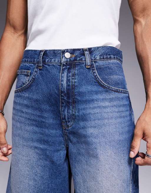 ASOS DESIGN - Jorts taglio lungo blu lavaggio medio con cuciture ritorte