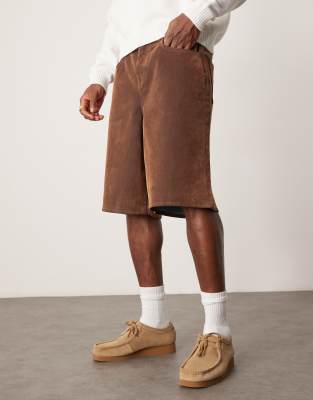Asos Design Longer Length Faux Suede Jorts In Neutral