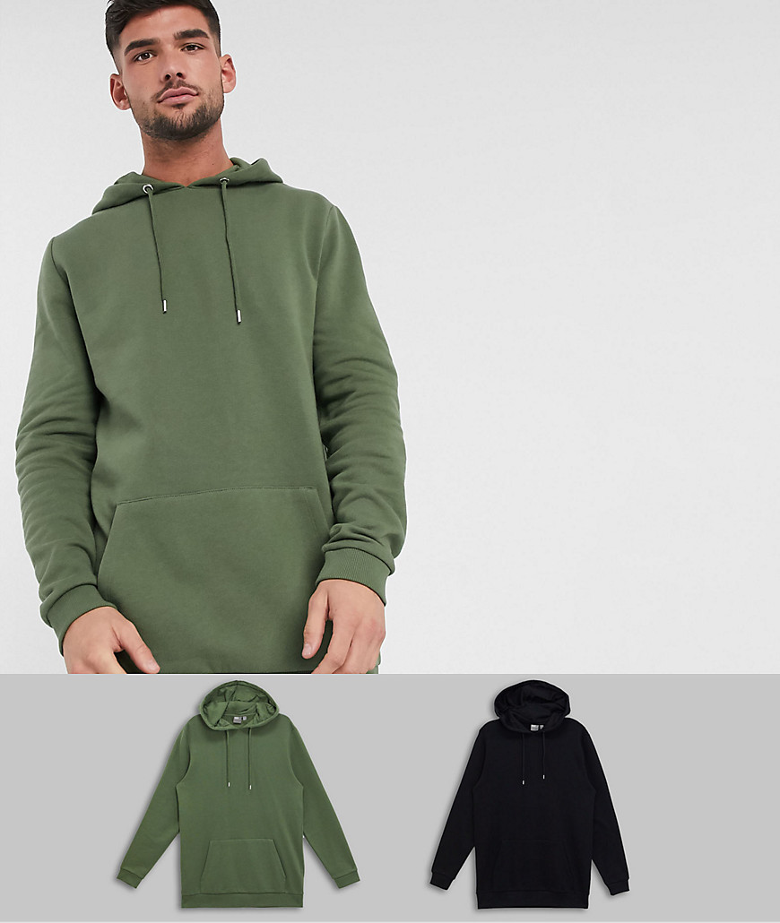 ASOS DESIGN longer length hoodie 2 pack in black / khaki-Multi