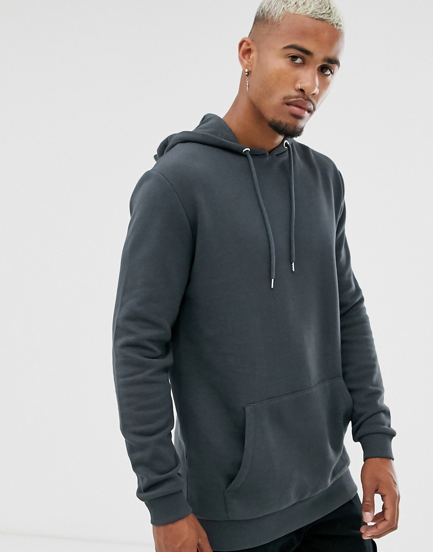 ASOS DESIGN longer length hoodie in washed black-Grey