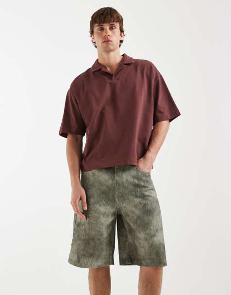 ASOS DESIGN longer length jorts in khaki fuzzy print - view 1
