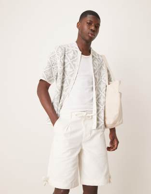 Asos Design Longer Length Jorts With Pleat Detailing In Neutral
