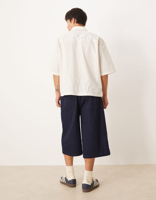 ASOS DESIGN longer length pleated denim jort in raw wash, 4 of 5