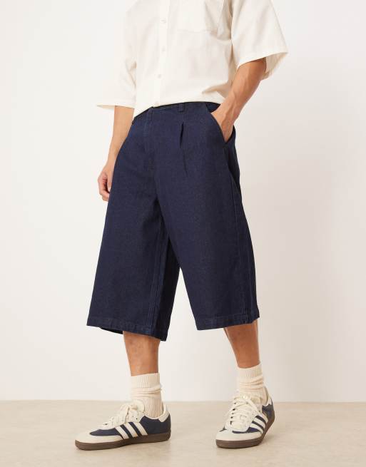 ASOS DESIGN longer length pleated denim jorts in raw wash