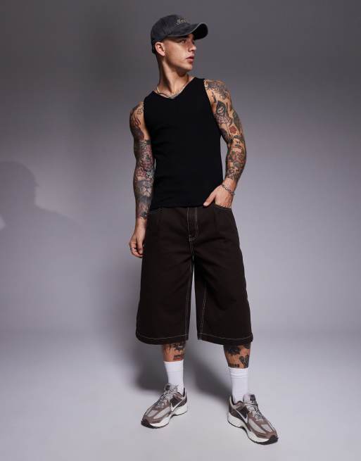 ASOS DESIGN longer length pleated jorts with contrast stitch in brown