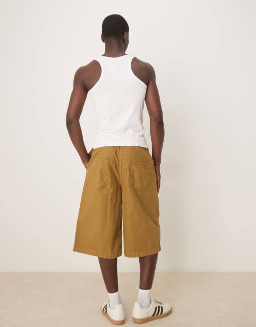 ASOS DESIGN longer length shorts with belt and pleats in olive green, 3 of 5