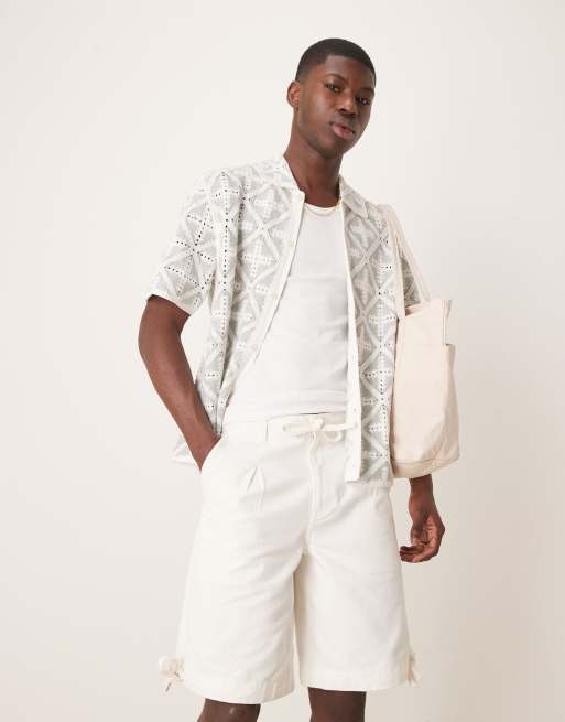 ASOS DESIGN longer length shorts with pleat detailing in ecru, 2 of 5