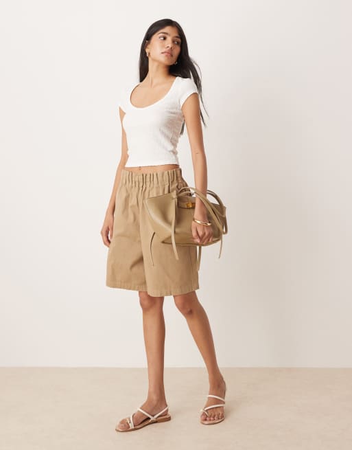 ASOS DESIGN longer shorts with paperbag waist in beige, 3 of 5
