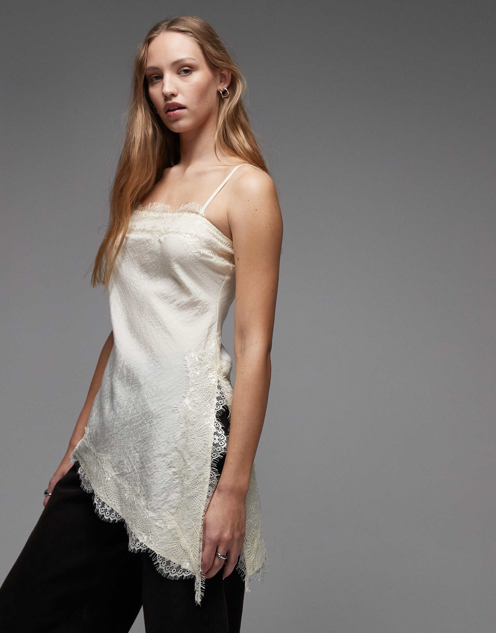 asos design longline asymmetric lace trim cami in oyster