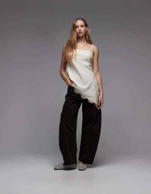 ASOS DESIGN longline asymmetric lace trim cami in oyster , 2 of 4