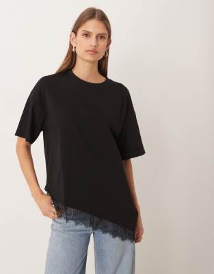 Asos Design Longline Asymmetric Tee With Lace Trim Detailing In Black
