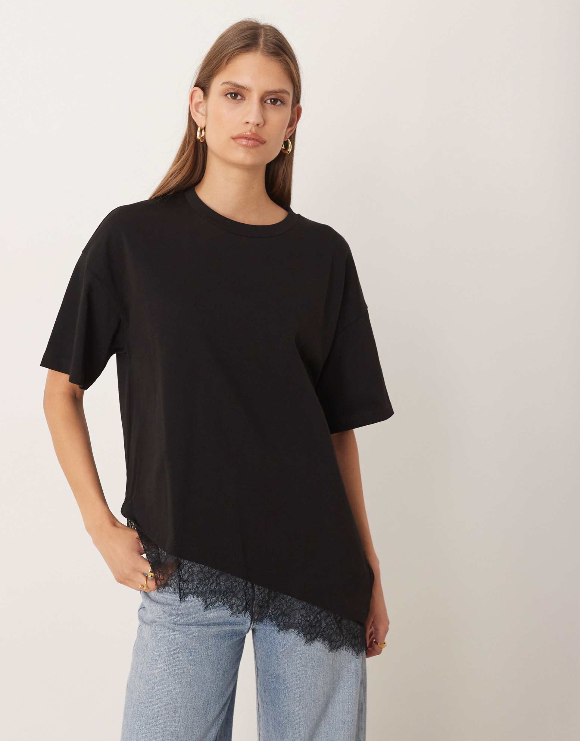 asos design longline asymmetric tee with lace trim detailing in black