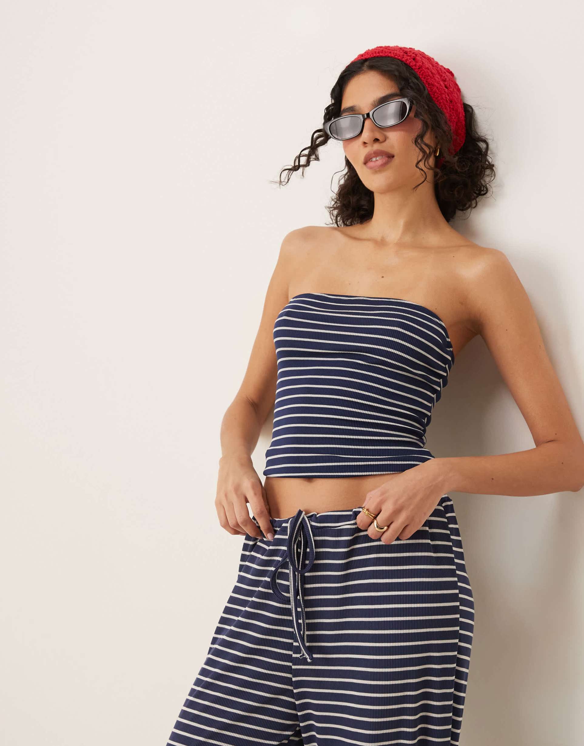 asos design longline bandeau in navy stripe - part of a set