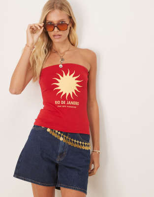 Asos Design Longline Bandeau With Holiday Sun Graphic In Red