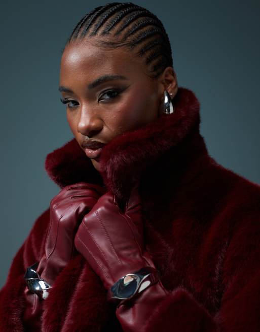 ASOS DESIGN longline belted faux fur coat in burgundy