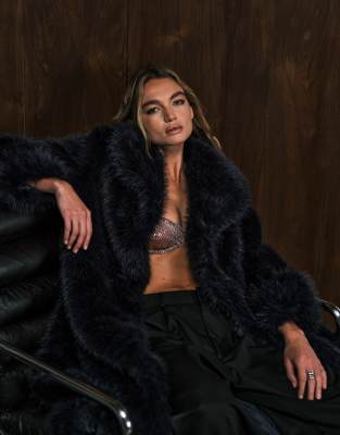 Asos Design Longline Belted Faux Fur Coat In Blue