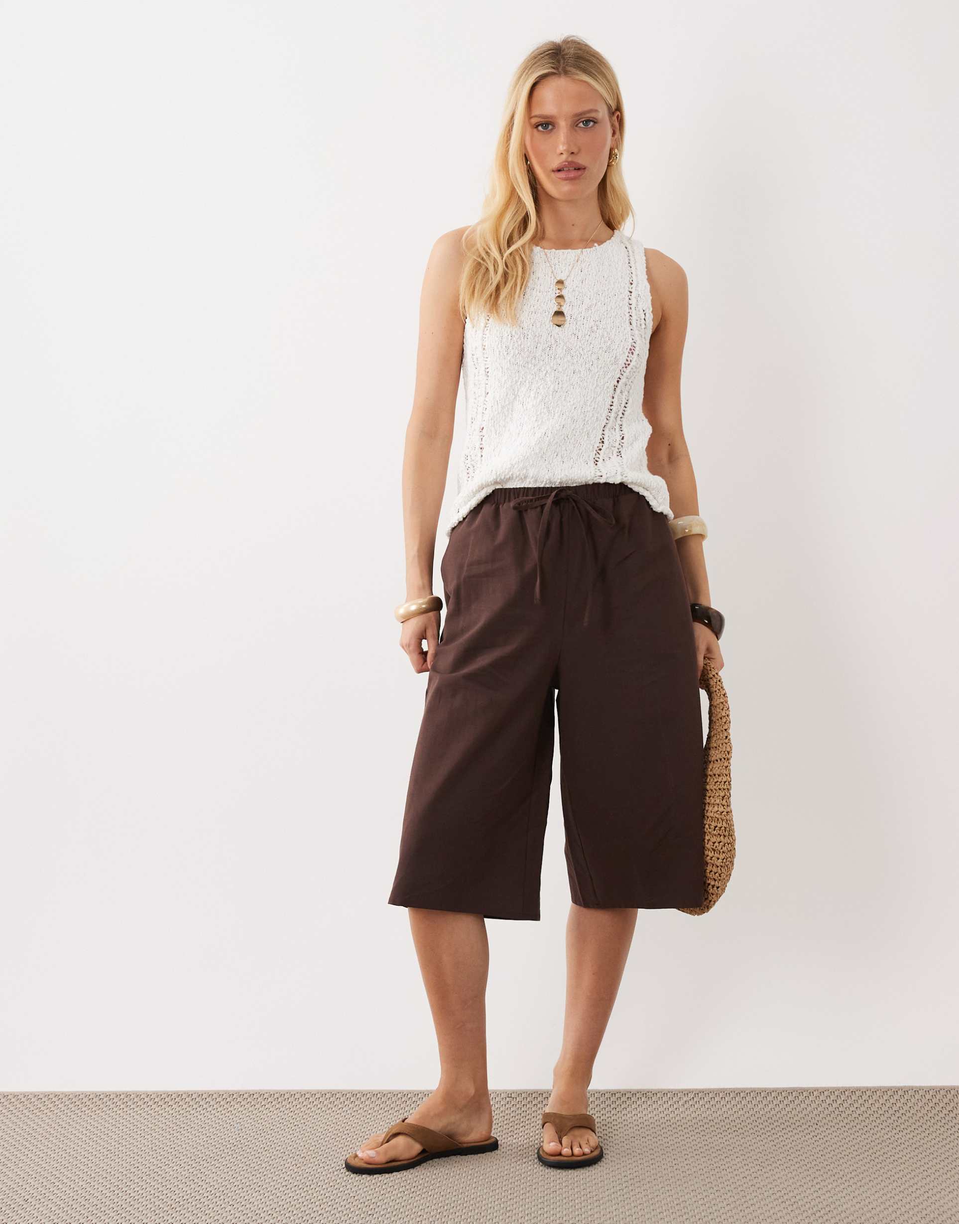asos design longline bermuda shorts in chocolate linen look
