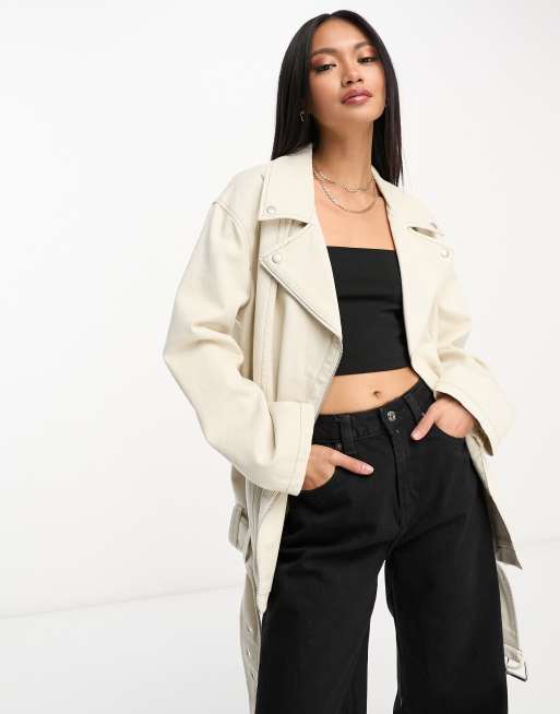 ASOS DESIGN longline oversized faux leather biker jacket in white