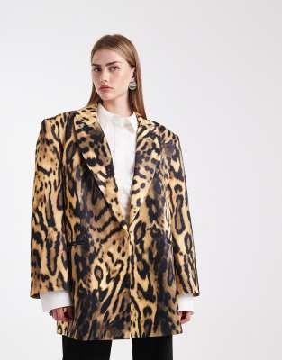 ASOS DESIGN - Longline-Blazer aus Satin mit Tierfellmuster und Oversize-Passform-Bunt