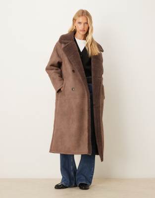 Asos Design Longline Bonded Borg Jacket In Brown