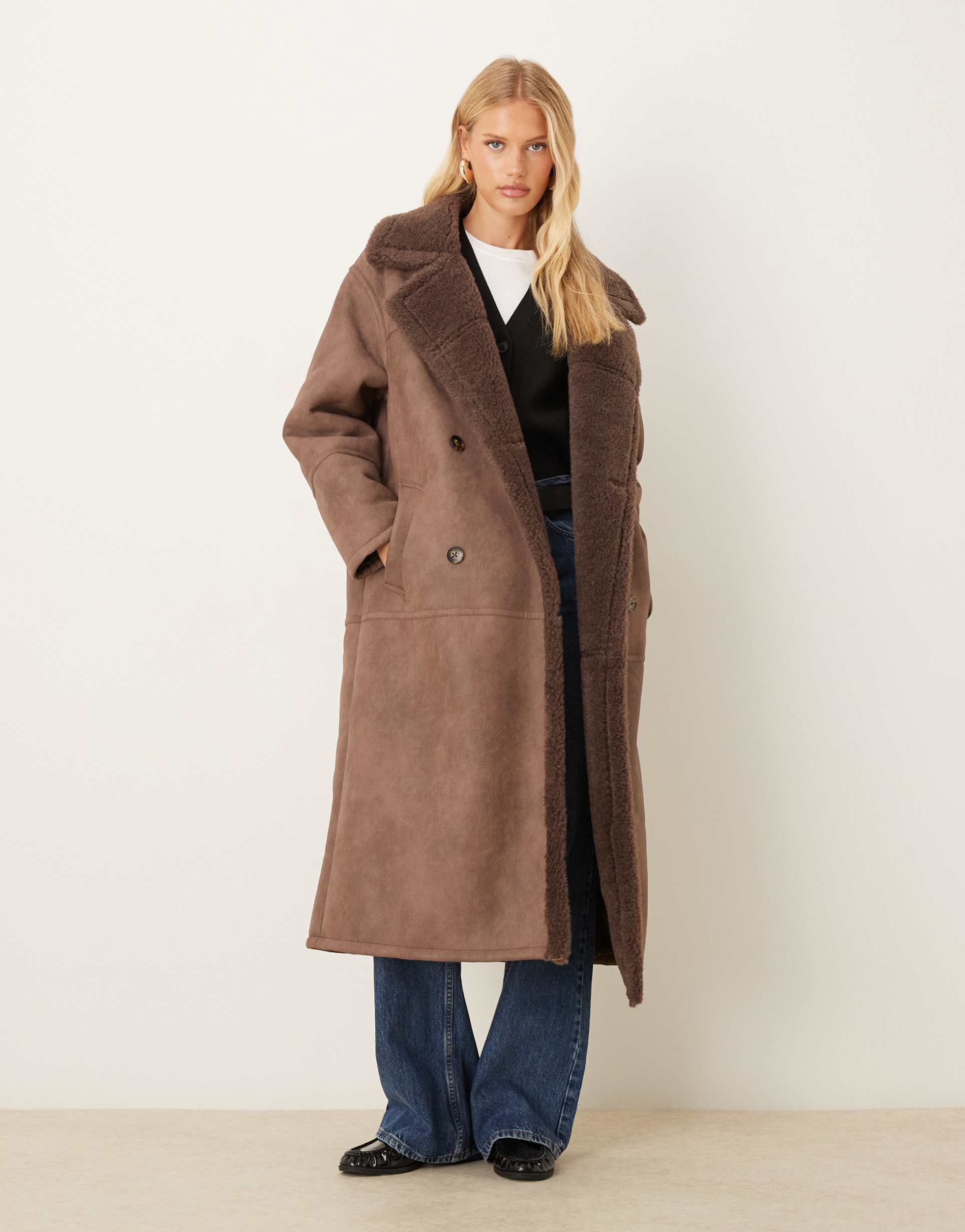 asos design longline bonded borg jacket in chocolate