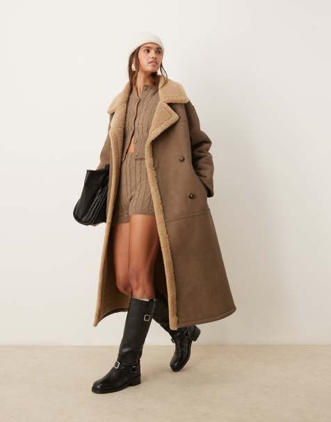 ASOS DESIGN longline bonded borg trench coat in vintage brown - view 1