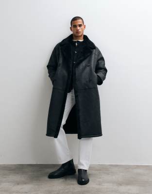 Asos Design Longline Borg Aviator Coat In Multi