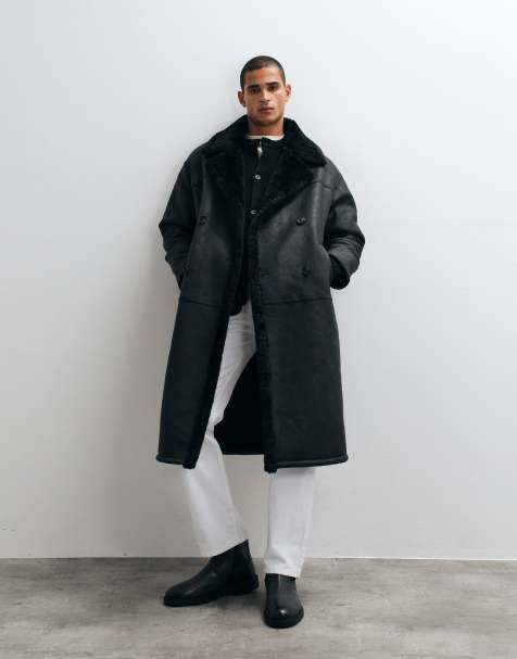 ASOS DESIGN longline borg aviator coat in black - view 1