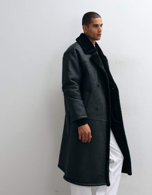 ASOS DESIGN longline borg aviator coat in black, 2 of 5
