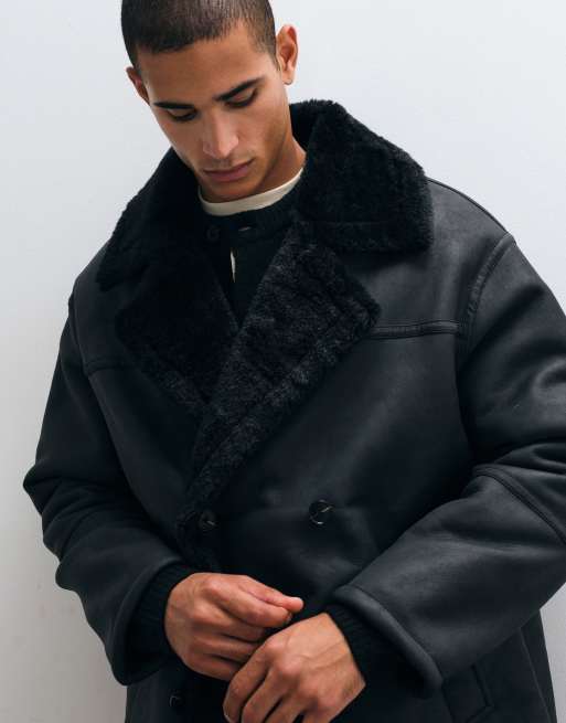 ASOS DESIGN longline borg aviator coat in black, 3 of 5