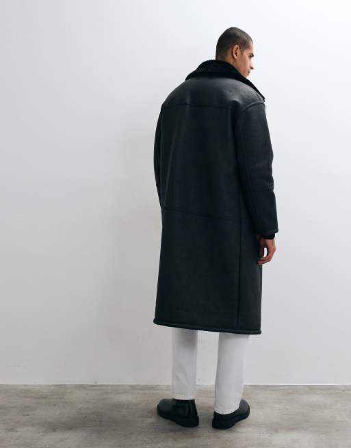 ASOS DESIGN longline borg aviator coat in black, 4 of 5