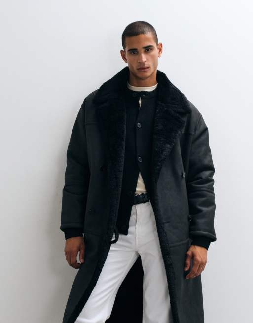 ASOS DESIGN longline borg aviator coat in black, 5 of 5