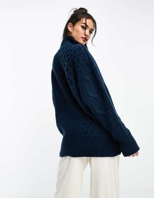 Asos Design Longline Cable Sweater With High Neck In Navy