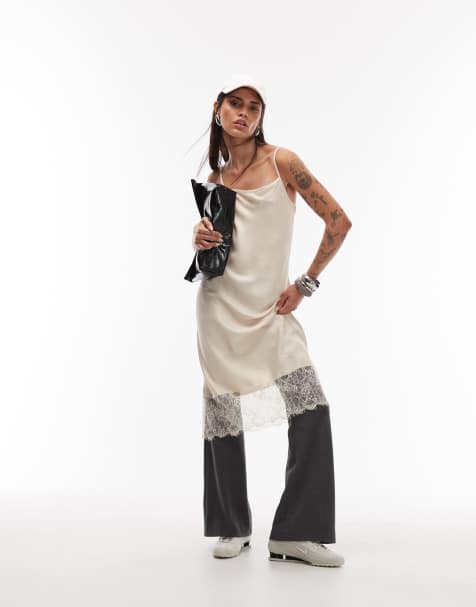 ASOS DESIGN longline cami slip dress with lace trim in cream - view 1