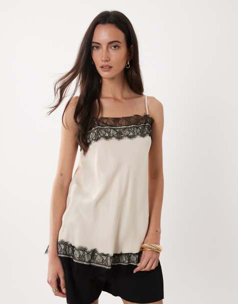 ASOS DESIGN – Longline-Camisole aus Satin in Ecru mit Spitzenbesatz - view 1