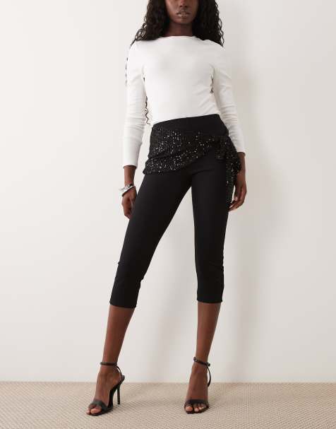 ASOS DESIGN longline capris with sequin sash waist in black - view 1