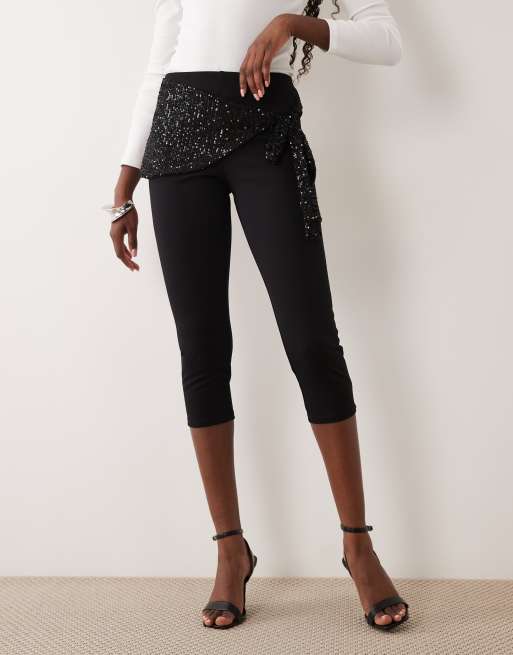 ASOS DESIGN longline capris with sequin sash waist in black, 3 of 5