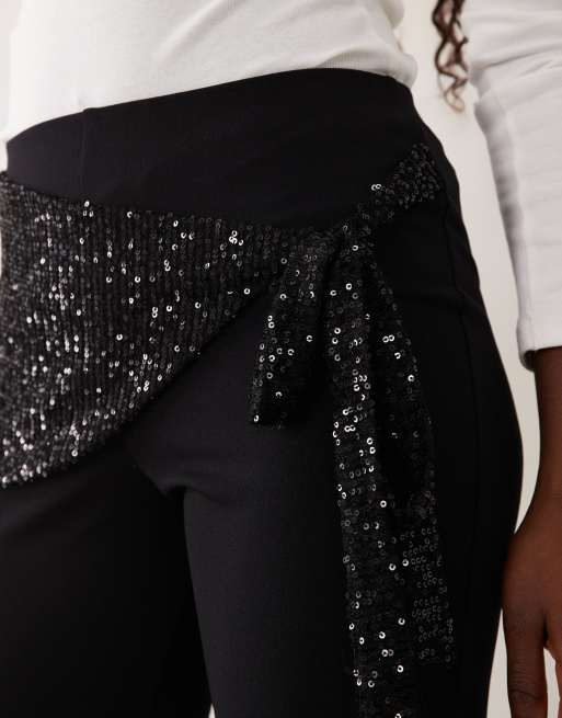 ASOS DESIGN longline capris with sequin sash waist in black, 4 of 5