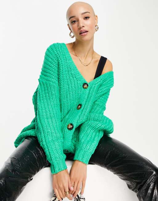 ASOS DESIGN longline cardi in chunky rib stitch in green