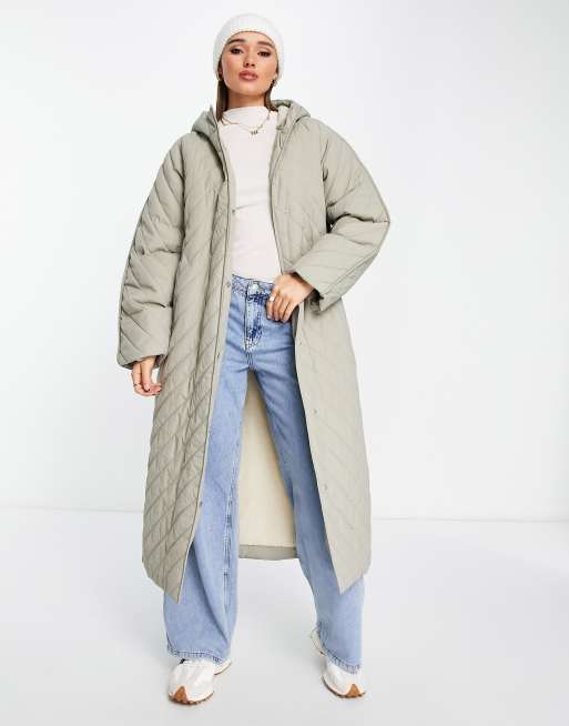 ASOS DESIGN longline chevron quilted jacket with borg fleece lining in stone