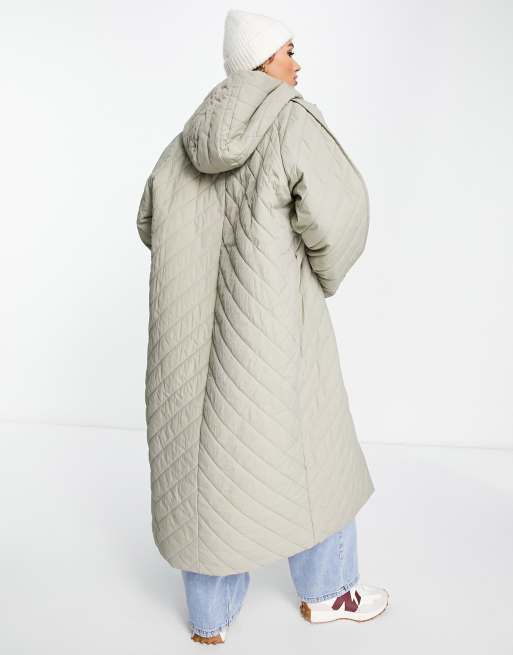 ASOS DESIGN longline chevron quilted jacket with borg fleece lining in stone ASOS