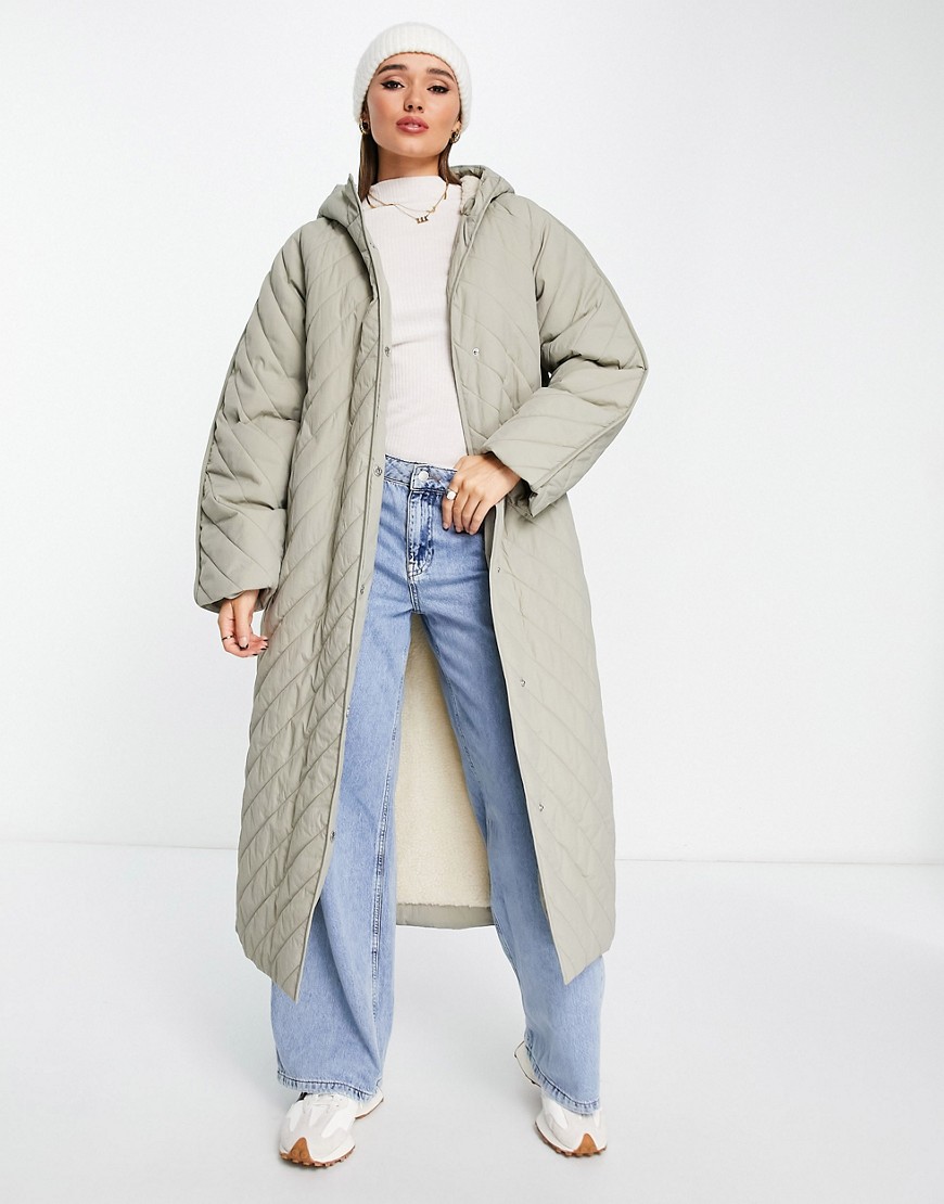 ASOS DESIGN longline chevron quilted jacket with borg lining in stone-Neutral