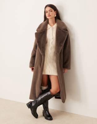 longline chuck on faux fur coat in mocha-Brown