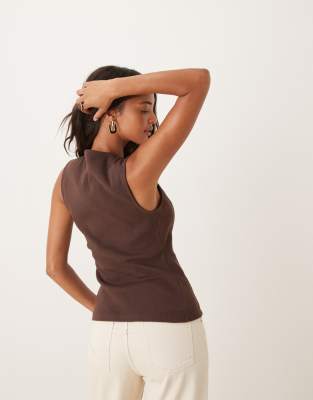 Asos Design Longline Cinched Ribbed Button Up Top In Brown