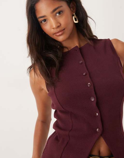ASOS DESIGN longline cinched ribbed button up top in plum, 2 of 4