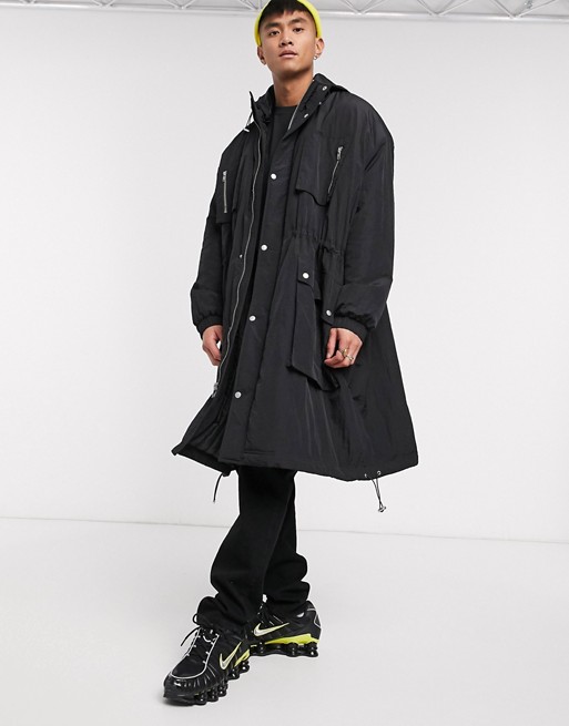 ASOS DESIGN longline coat with multi pockets in black