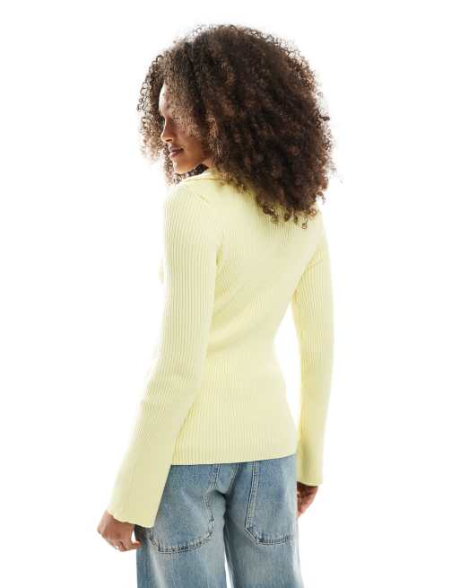 ASOS DESIGN ribbed v neck collared cardigan in buttermilk