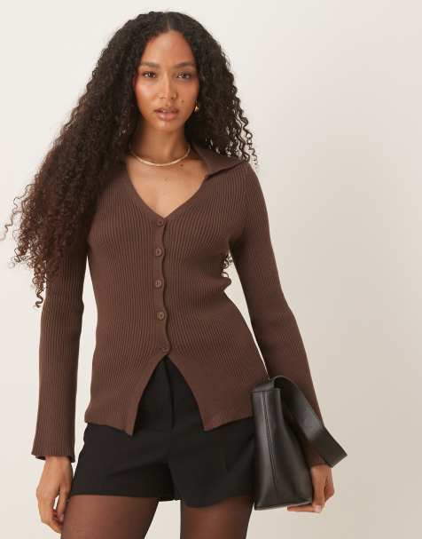 ASOS DESIGN longline collared cardigan in chocolate - view 1