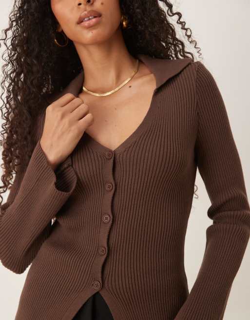 ASOS DESIGN ribbed v neck collared cardigan in chocolate