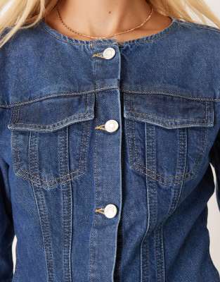 Asos Design Longline Collarless Denim Jacket With Cinched Waist In Blue